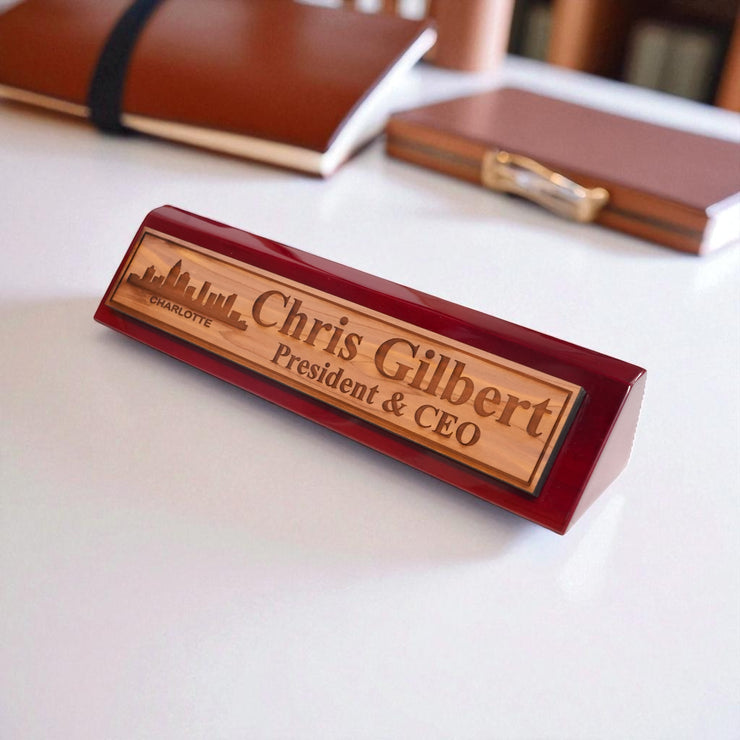 Desk Wedge Name Plate - PERSONALIZED - Charlotte NC Skyline - 11 Inches