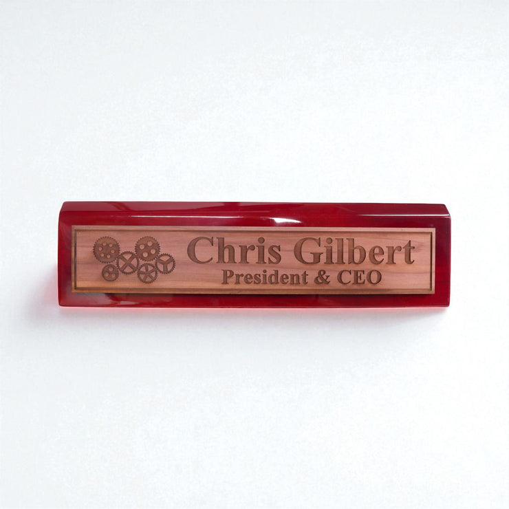 Desk Wedge Name Plate - PERSONALIZED - Gears - 11 Inches
