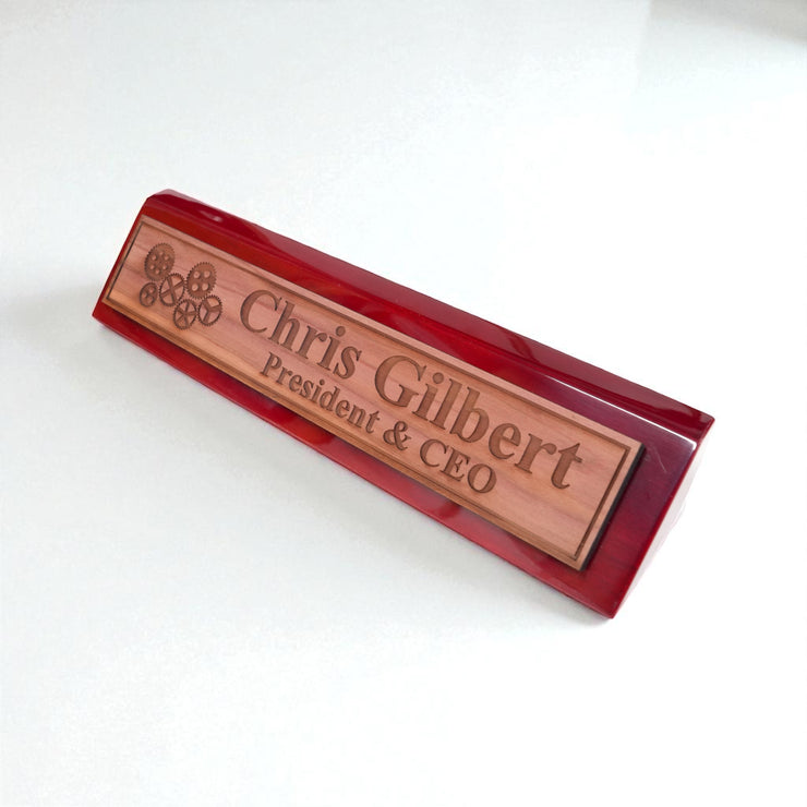 Desk Wedge Name Plate - PERSONALIZED - Gears - 11 Inches