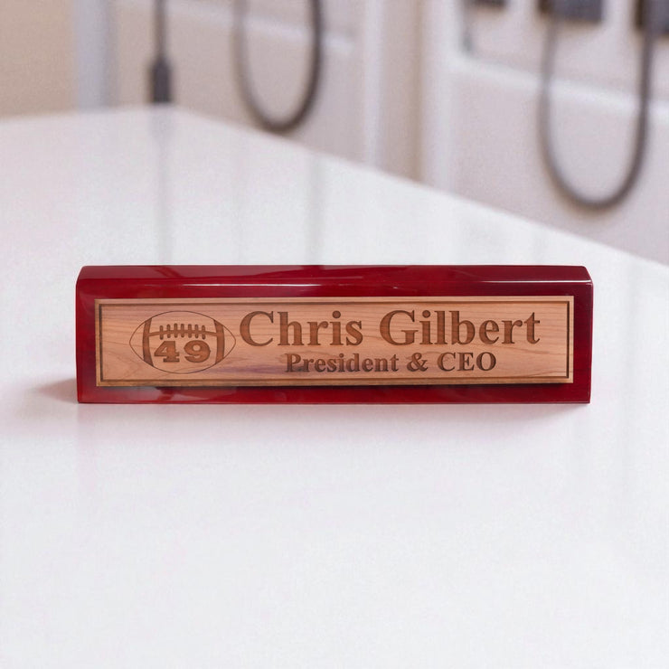 Desk Wedge Name Plate - PERSONALIZED - Football - WITH YOUR NUMBER - 11 Inches