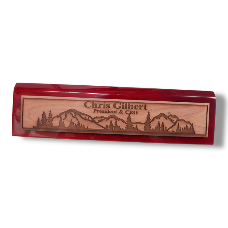 Desk Wedge Name Plate - PERSONALIZED - Mountain Scene - 11 Inches