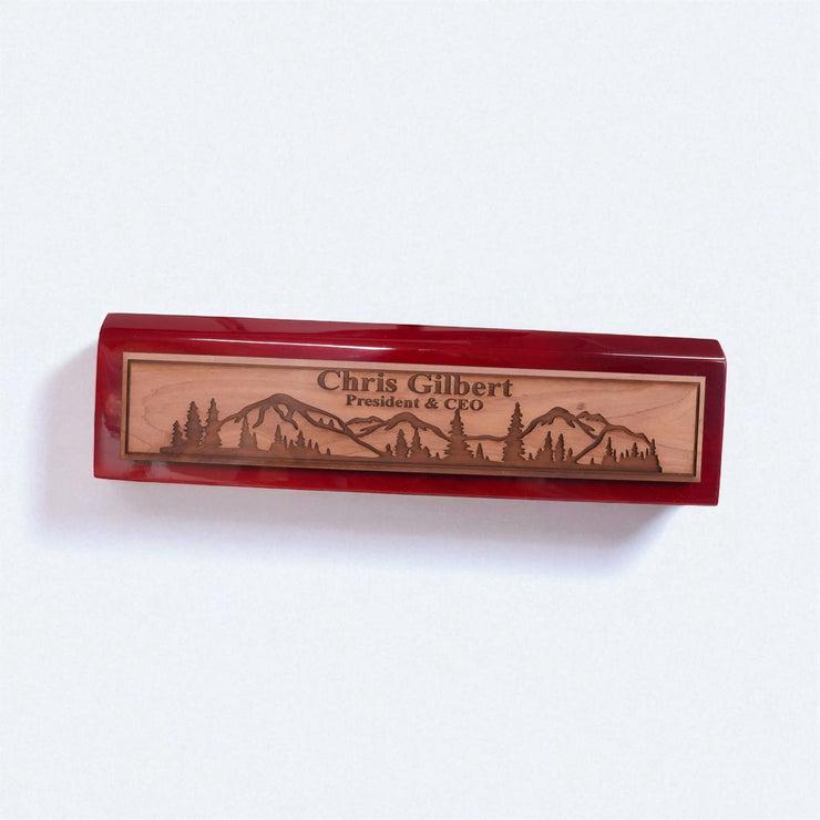 Desk Wedge Name Plate - PERSONALIZED - Mountain Scene - 11 Inches