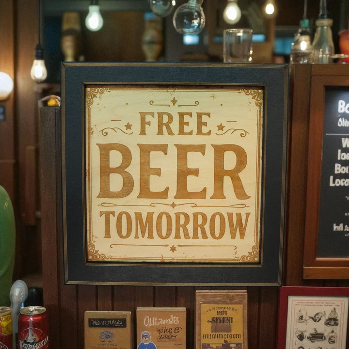 HipFlaskPlus Free Beer Tomorrow bar sign engraved wood wall art in a black frame in a bar