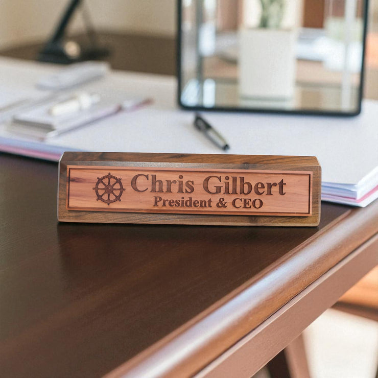 Desk Wedge Name Plate - PERSONALIZED - Ships Wheel - 11 Inches