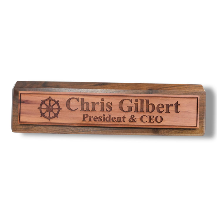 Desk Wedge Name Plate - PERSONALIZED - Ships Wheel - 11 Inches