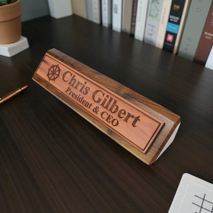 Desk Wedge Name Plate - PERSONALIZED - Ships Wheel - 11 Inches