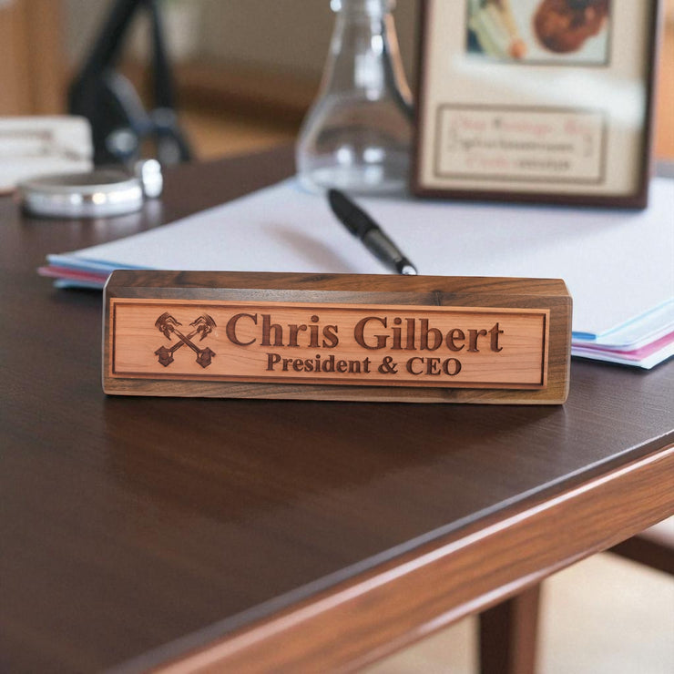 Desk Wedge Name Plate - PERSONALIZED - PIstons - 11 Inches