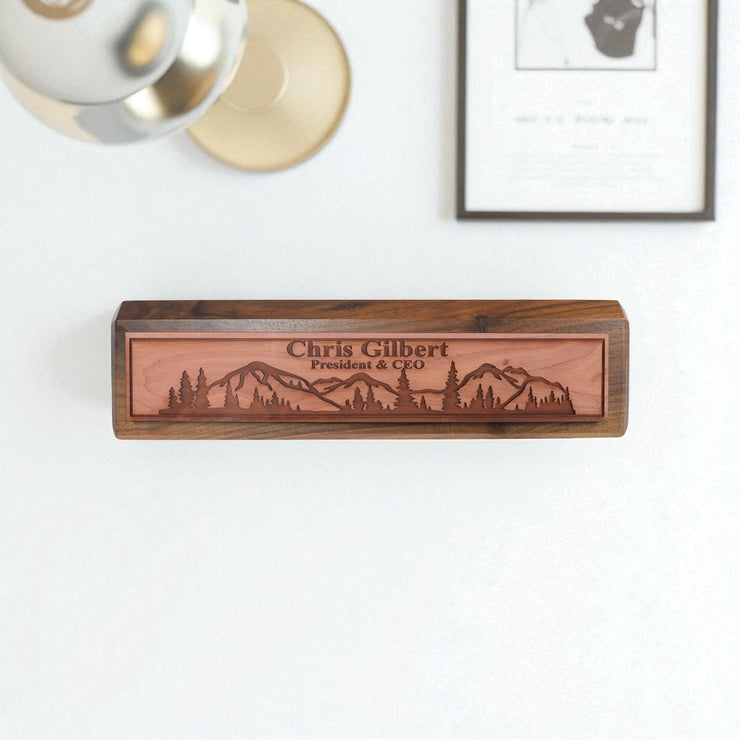 Desk Wedge Name Plate - PERSONALIZED - Mountain Scene - 11 Inches