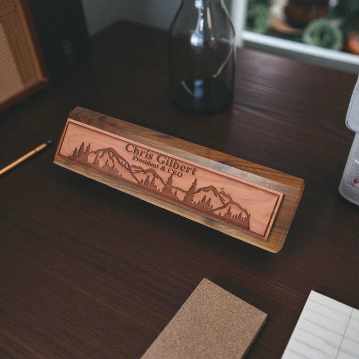 Desk Wedge Name Plate - PERSONALIZED - Mountain Scene - 11 Inches