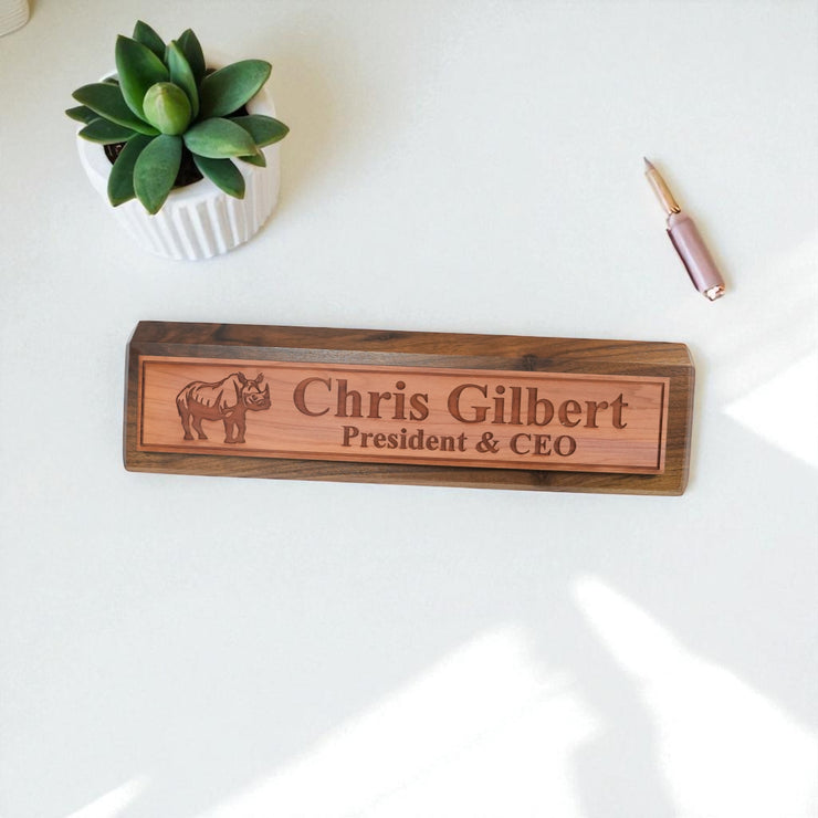 Desk Wedge Name Plate - PERSONALIZED - Indian Rhino - 11 Inches