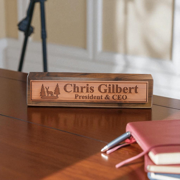 Desk Wedge Name Plate - PERSONALIZED - Deer Scene - 11 Inches