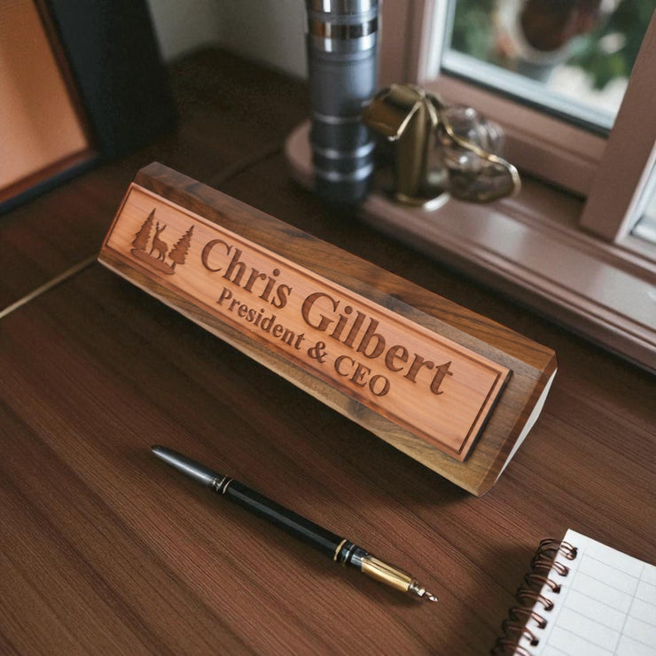 Desk Wedge Name Plate - PERSONALIZED - Deer Scene - 11 Inches
