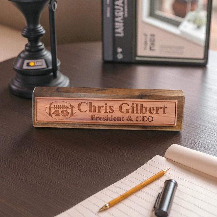 Desk Wedge Name Plate - PERSONALIZED - Football - WITH YOUR NUMBER - 11 Inches