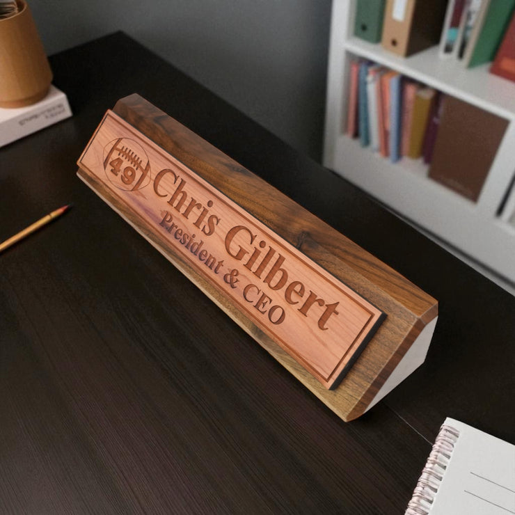 Desk Wedge Name Plate - PERSONALIZED - Football - WITH YOUR NUMBER - 11 Inches