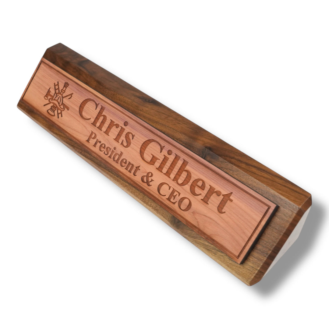HipFlaskPlus genuine walnut desk wedge name plate with a personalized name and firefighter engraved plate