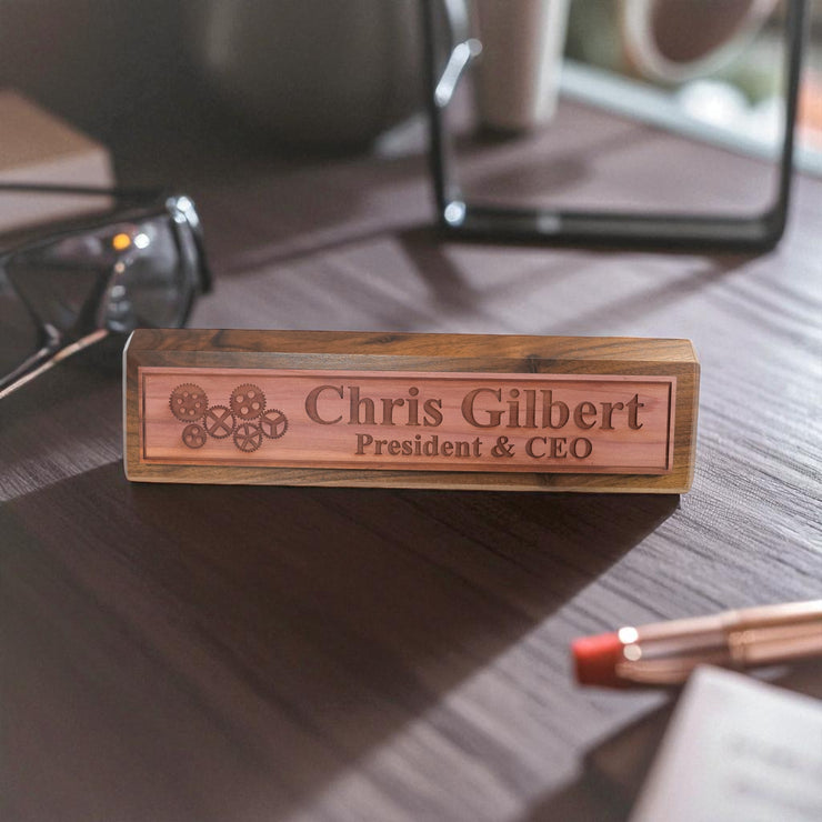 Desk Wedge Name Plate - PERSONALIZED - Gears - 11 Inches