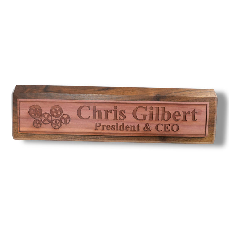 Desk Wedge Name Plate - PERSONALIZED - Gears - 11 Inches