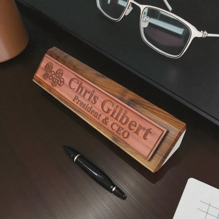 Desk Wedge Name Plate - PERSONALIZED - Gears - 11 Inches