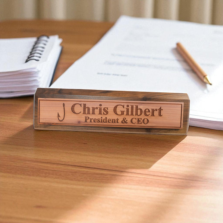 Desk Wedge Name Plate - PERSONALIZED - Fish Hook - 11 Inches