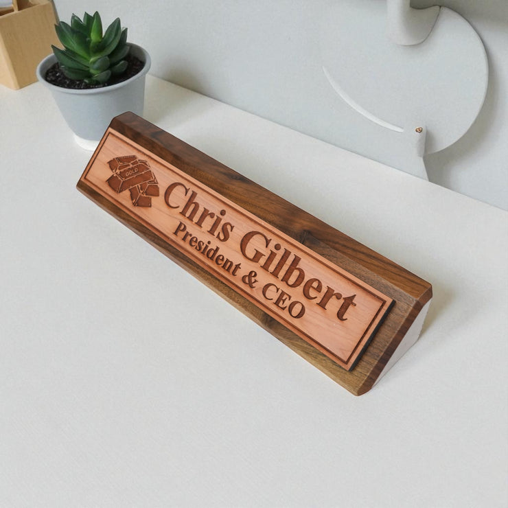 Desk Wedge Name Plate - PERSONALIZED - Gold Bars - 11 Inches