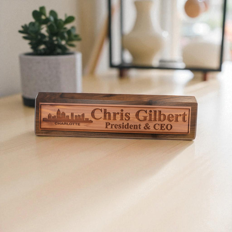 Desk Wedge Name Plate - PERSONALIZED - Charlotte NC Skyline - 11 Inches