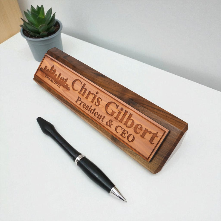 Desk Wedge Name Plate - PERSONALIZED - Charlotte NC Skyline - 11 Inches
