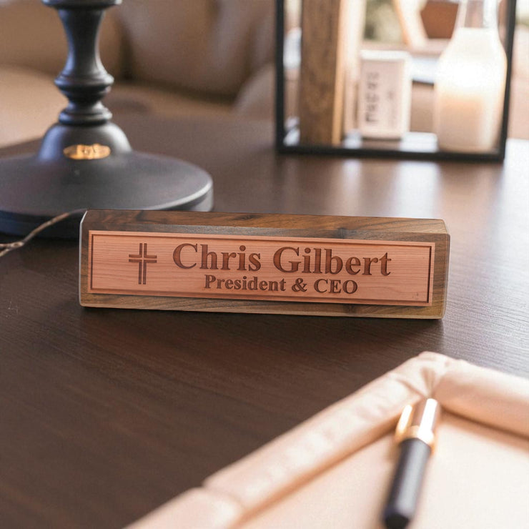 Desk Wedge Name Plate - PERSONALIZED - Cross - 11 Inches