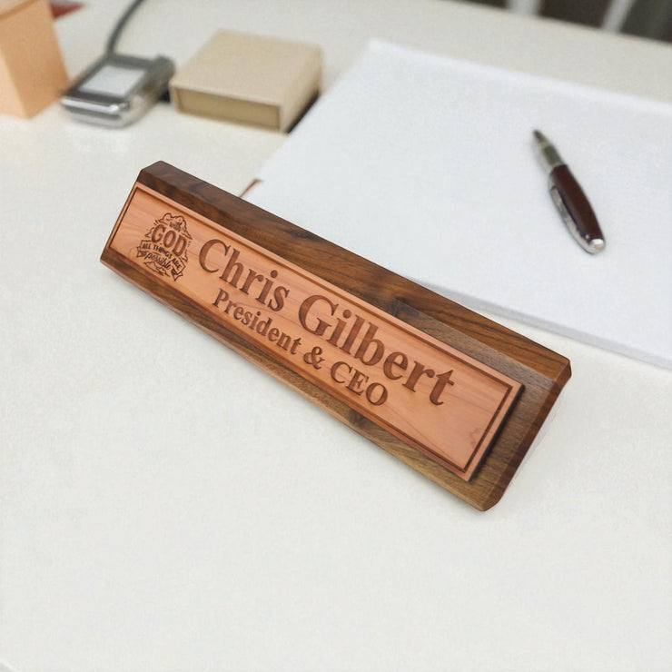 Desk Wedge Name Plate - PERSONALIZED - With God all things are possible - 11 Inches