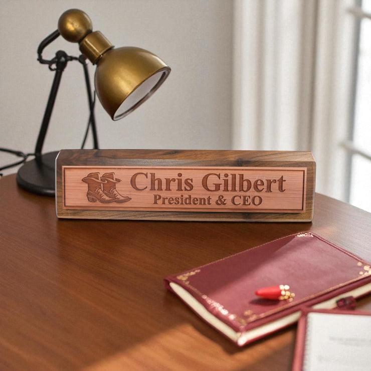 Desk Wedge Name Plate - PERSONALIZED - Cowboy Boots - 11 Inches
