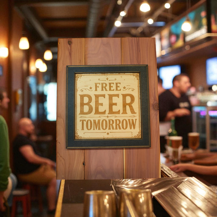 Framed Art - CEDAR BACKED - Free beer tomorrow - Bar sign 14x10 Inches