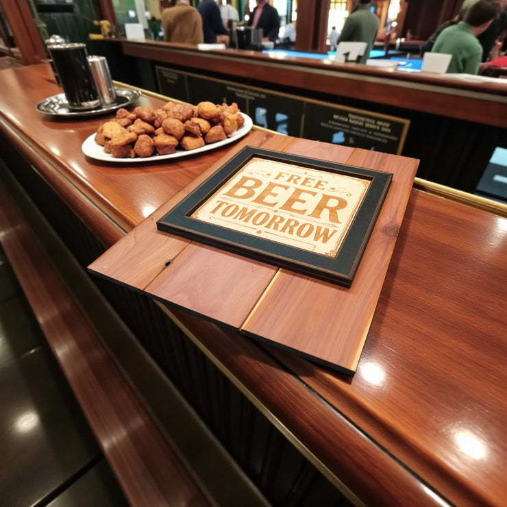 Framed Art - CEDAR BACKED - Free beer tomorrow - Bar sign 14x10 Inches