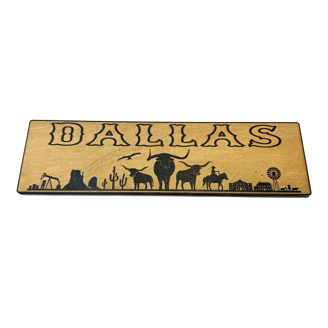 HipFlaskPlus Dallas landscape black and natural wood sign
