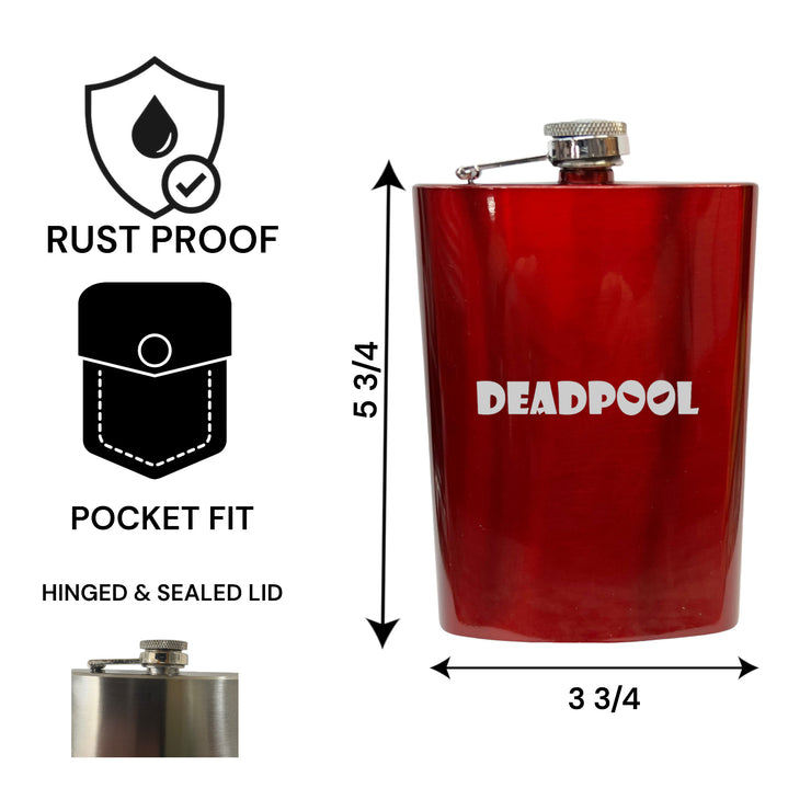 8OZ Deadpool Flask - BLACK, RED, STAINLESS, OR 6OZ LEATHER