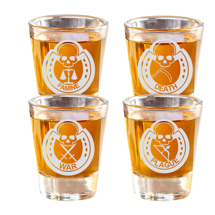 4 Horsemen of the Apocalypse - set Flight Board with 4ea Rocks Glasses, shot glasses, Rawhide keychains, Cedar Coasters