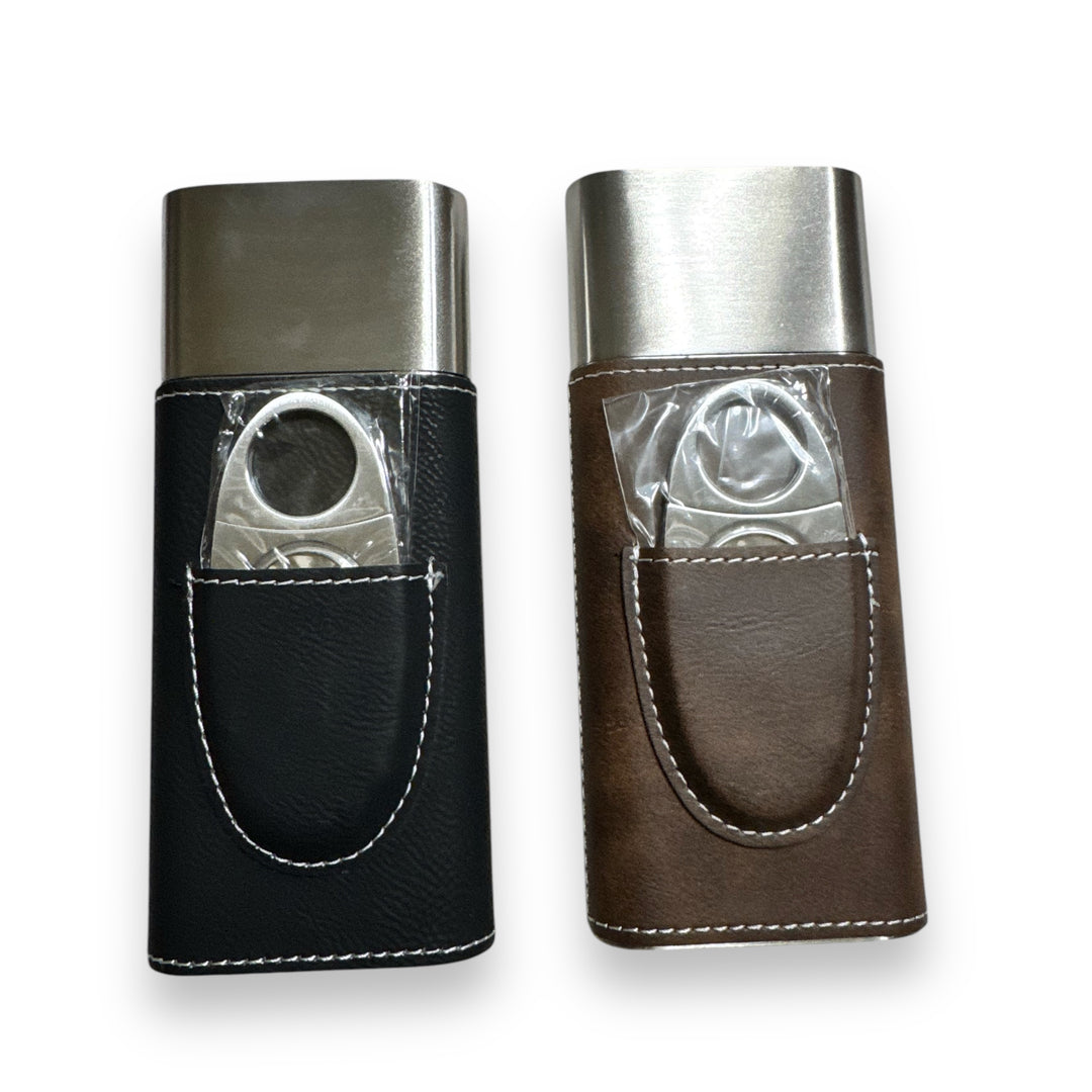 HipFlaskPlus black and brown leatherette cigar cases showing the built-in cigar cutters