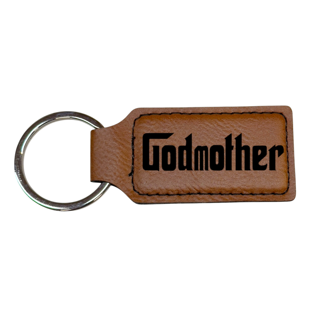 HipFlaskPlus brown leather rectangle keychain with Godmother engraving