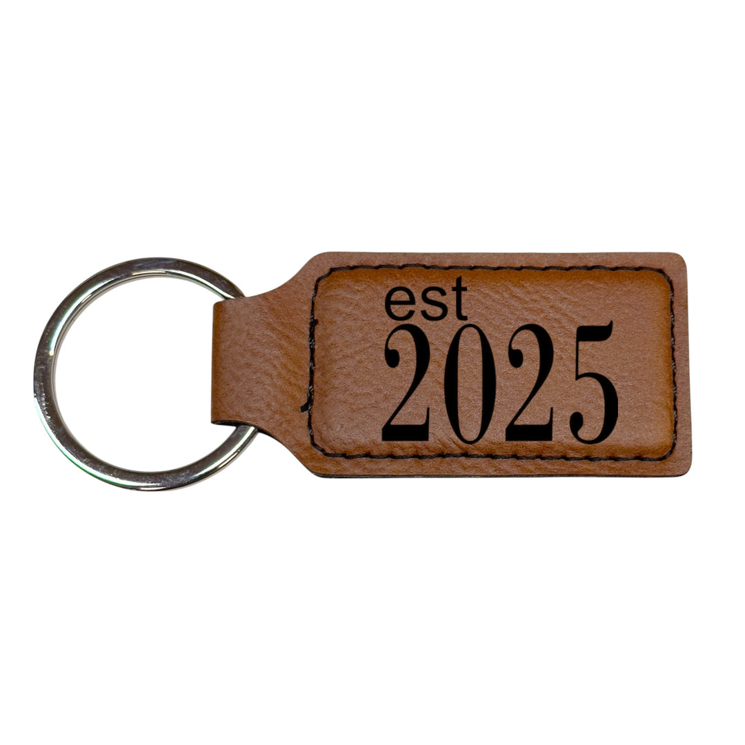 HipFlaskPlus brown leather rectangle keychain with Est 2025 engraving