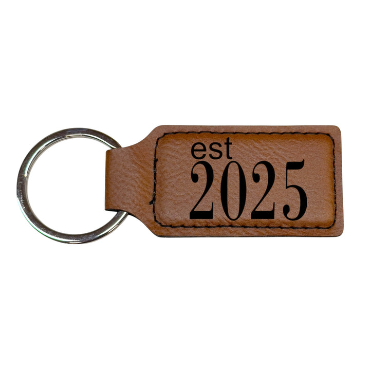 HipFlaskPlus brown leather rectangle keychain with Est 2025 engraving