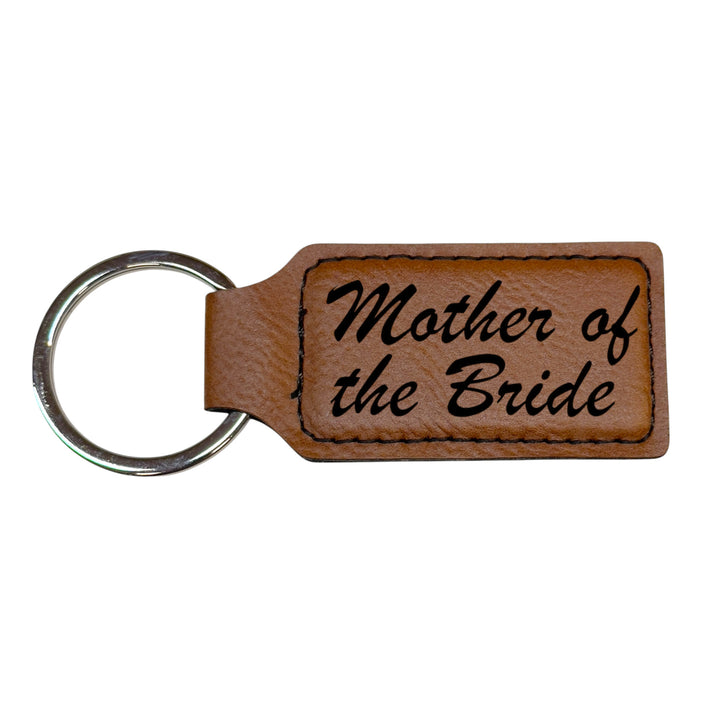 HipFlaskPlus brown leather rectangle keychain with Mother of the Bride engraving