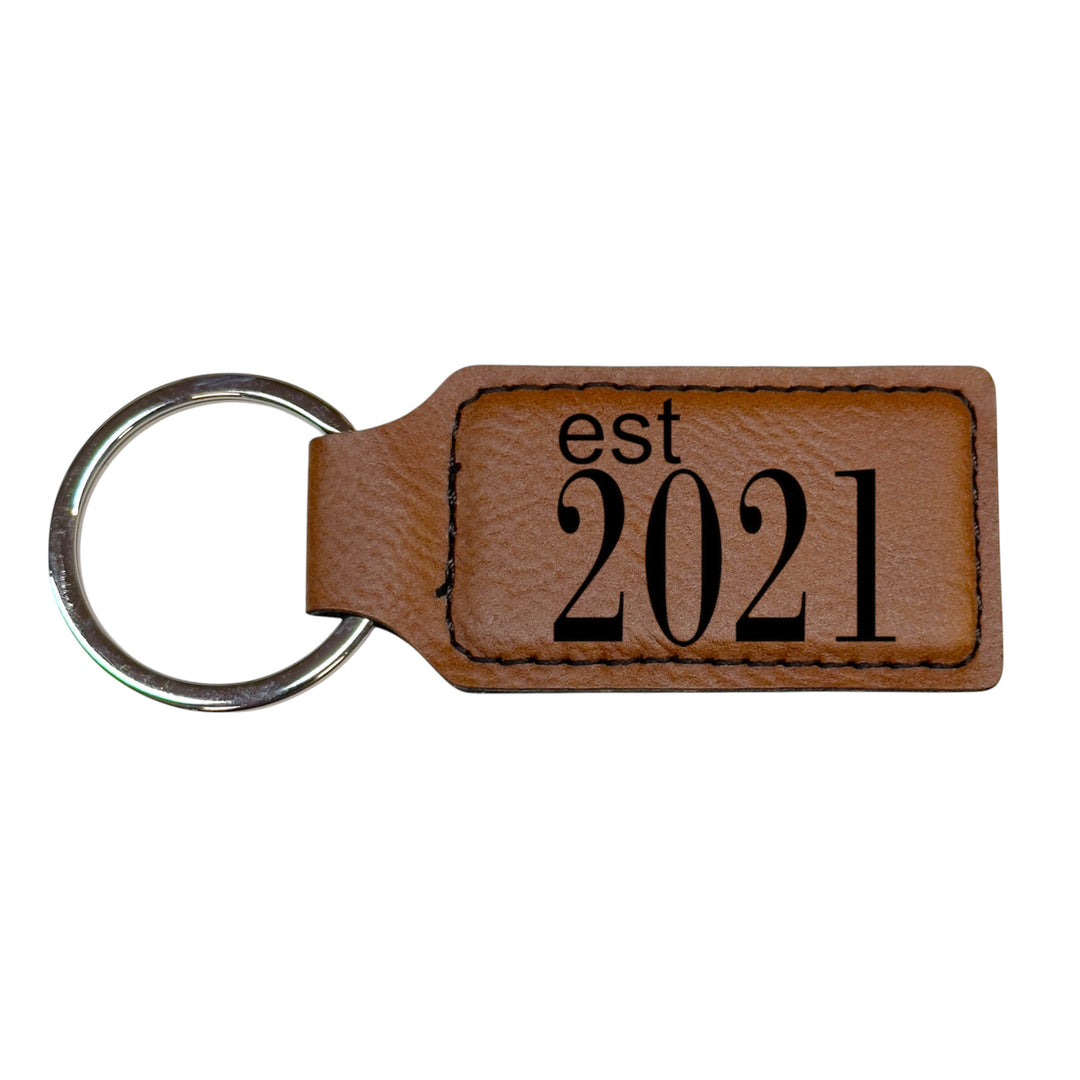 HipFlaskPlus brown leather rectangle keychain with Est 2021 engraving