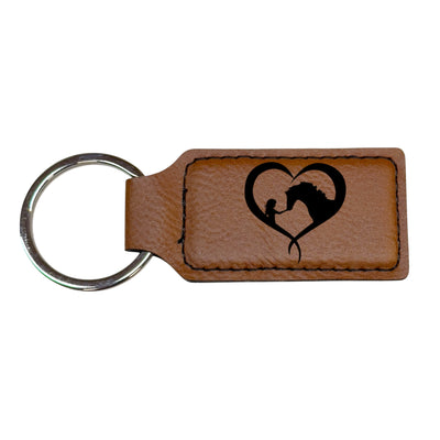 Keychain - Rectangle - Girl and Horse Heart - Leather