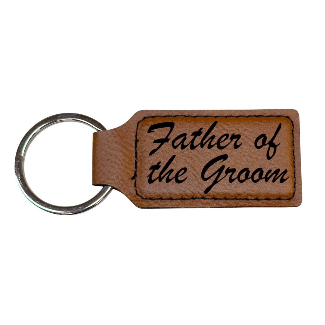 HipFlaskPlus brown leather rectangle keychain with Father of the Groom engraving