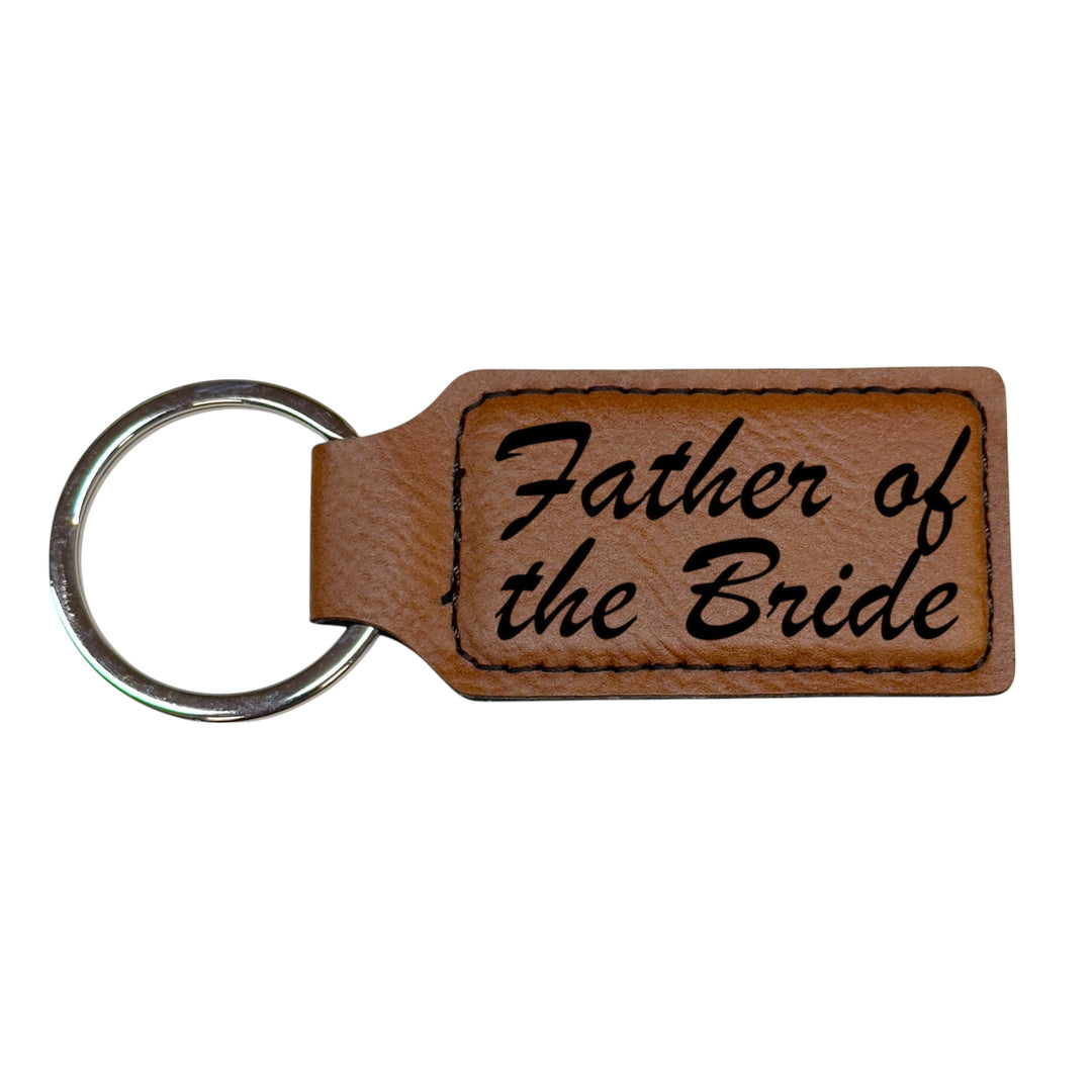 HipFlaskPlus brown leather rectangle keychain with Father of the Bride engraving