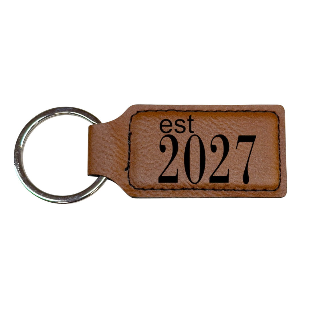 HipFlaskPlus brown leather rectangle keychain with Est 2027 engraving