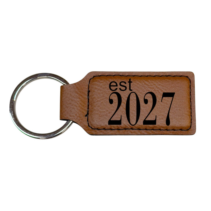 HipFlaskPlus brown leather rectangle keychain with Est 2027 engraving