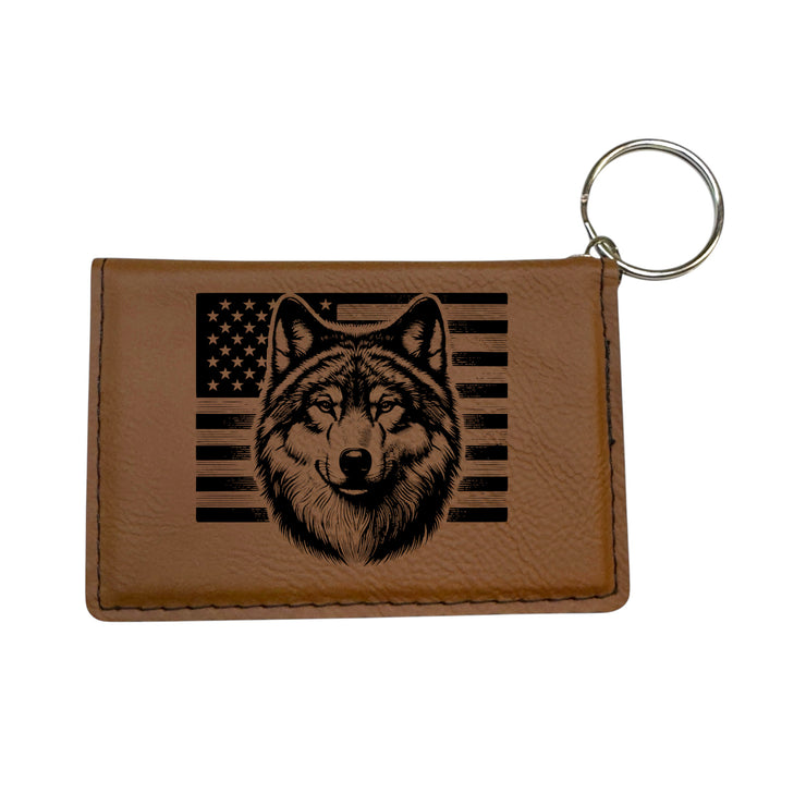 Keychain ID Holder Wallet - Wolf and US Flag - Leather
