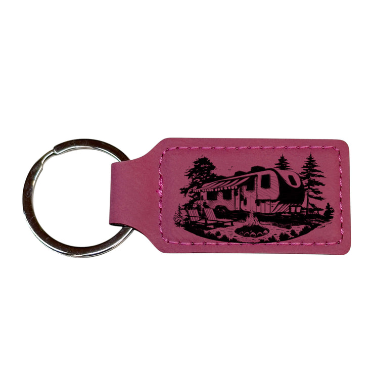 Keychain - Rectangle - Camping RV - Leather