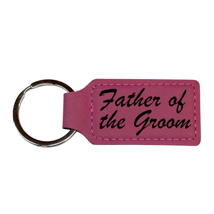 HipFlaskPlus pink leather rectangle keychain with Father of the Groom engraving