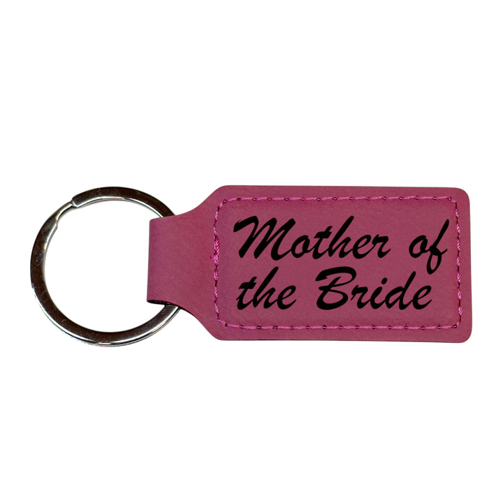HipFlaskPlus pink leather rectangle keychain with Mother of the Bride engraving