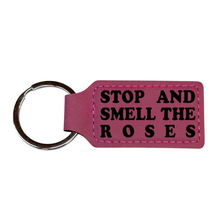 HipFlaskPlus pink leather rectangle keychain with Stop and Smell the Roses engraving